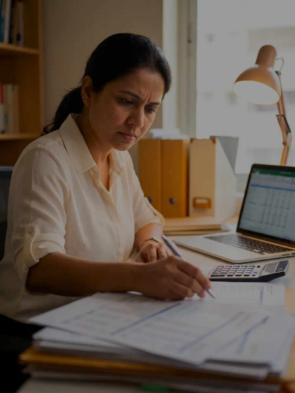A chartered accountant checking a column of figures on printed statements beside a calculator