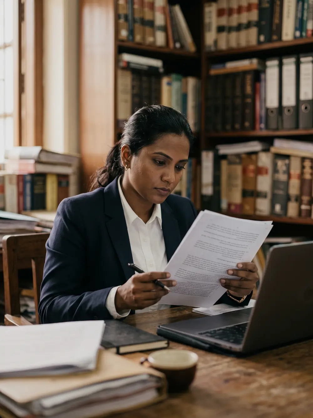 A lawyer at a chambers desk reading a printed draft against an open laptop