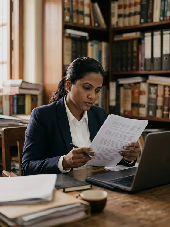 A lawyer at a chambers desk reading a printed draft against an open laptop